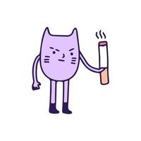 chat violet et cigarette, illustration pour t-shirt, autocollant ou marchandise vestimentaire. avec un style doodle, rétro et dessin animé. vecteur