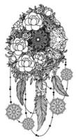 art de tatouage dessin à la main dreamcatcher fleur noir et blanc vecteur