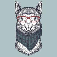 lama dessiné à la main portant des lunettes rouges et un bandana vecteur