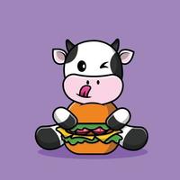 illustration d'icône de vecteur de dessin animé de burger de vache mignonne étreignant. concept d'icône d'aliments pour animaux isolé vecteur premium. style de dessin animé plat