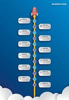 infographie de démarrage avec 12 modèles de données. illustration vectorielle art abstrait de papier de fusée sur fond bleu. peut être utilisé pour la planification, la stratégie, la mise en page du flux de travail, l'étape commerciale, la bannière, la conception Web. vecteur