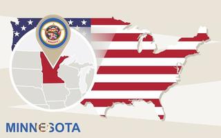 carte des états-unis avec l'état agrandi du minnesota. drapeau et carte du minnesota. vecteur