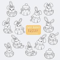 groupe de contours de lapin de pâques mignons pour livre de coloriage, vecteur de dessin de dessin animé mignon