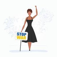 une fille en pleine croissance tient une affiche avec l'inscription stop the war. style bande dessinée. vecteur