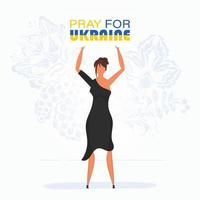 une fille en pleine croissance tient une affiche avec l'inscription priez pour l'ukraine. arrêter la guerre. illustration vectorielle. vecteur