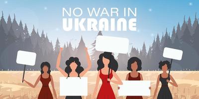 un groupe de femmes tient des banderoles. priez pour l'Ukraine. arrêter la guerre. style bande dessinée. vecteur