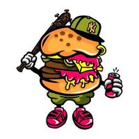 conception de dessin animé de vecteur cool un homme burger portant un chapeau tenant un bâton et une boisson