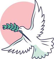 oiseau colombe blanche avec brin vert. icône isolé sur bleu. paix, vacances, amour, symbole vectoriel d'espoir. signe de la journée internationale de la paix.
