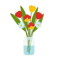 un bouquet de fleurs simples de tulipes et de marguerites dans un bocal en verre transparent avec de l'eau. décoration lumineuse de la maison. bouquet d'été. illustration vectorielle de couleur dans un style plat.isolé sur fond blanc vecteur