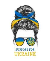 coiffure chignon malpropre femme avec bandeau drapeau ukrainien et lunettes symbole drapeau ukrainien, illustration vectorielle dessinée à la main vecteur