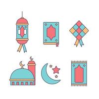 icône colorée du ramadhan sertie de lampe lanterne, livre al quran, ketupat, mosquée, tapis de prière et croissant de lune vecteur