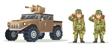 mignon soldat de l'armée masculine et féminine portant des personnages de sac à dos avec illustration de dessin animé de véhicule militaire