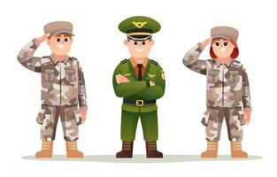 capitaine de l'armée mignon avec jeu de personnages de dessin animé de soldats garçon et fille vecteur
