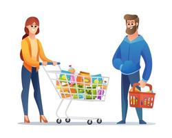 heureux homme et femme shopping jeu de caractères de dessin animé vecteur