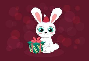 bonne année 2023 carte de voeux. lapin de dessin animé mignon avec boîte-cadeau de noël coloré. personnage de lapin drôle est assis et sourit. 2023 année de lapin. illustration vectorielle plate vecteur