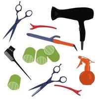 barbier set vector illustration de stock. peigne, ciseaux, sèche-cheveux, fer à friser, pinces, épingles à cheveux, vernis à ongles, fer à friser. un modèle pour un salon de beauté et un salon de coiffure. isolé sur fond blanc.