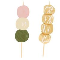 illustration vectorielle de dango. boules de mochi, farine de kinako. bonbons japonais, kusa dango une farine de riz. gros plan d'un délicieux dango. brochette de boulettes japonaises, nourriture. isolé sur fond blanc. vecteur