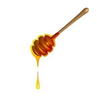 nectar dégoulinant de l'icône 3d de la cuillère. symbole jaune miel sucré qui coule d'un bâton en bois et pain de vecteur d'abeille délicieux bio