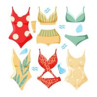 un ensemble de maillots de bain d'été pour femmes. éléments peints dans un style plat. maillots de bain dans différents styles et motifs. palette joyeuse et lumineuse. vecteur