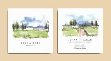 invitation de mariage aquarelle de paysage de nature verdoyante avec clôture de jardin et route vecteur