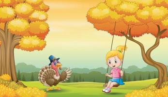 une fille jouant des balançoires dans le paysage d'automne vecteur