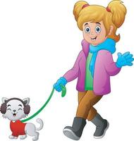 fille en vêtements d'hiver marchant avec son chat vecteur