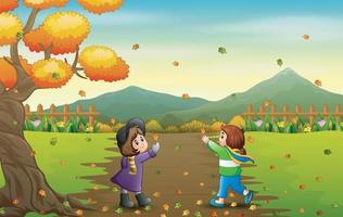 filles heureuses attraper des feuilles qui tombent dans le paysage d'automne vecteur