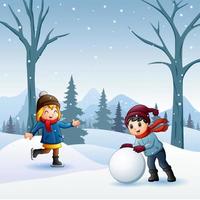 garçon et fille jouant à la bataille de boules de neige à l'extérieur vecteur