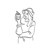 femme avec sourire tenant un verre de crème glacée illustration vecteur dessiné à la main isolé sur fond blanc dessin au trait.