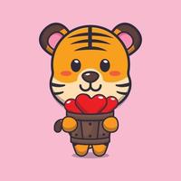personnage de dessin animé mignon tigre tenant l'amour dans un seau en bois vecteur