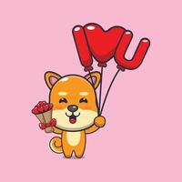 personnage de dessin animé mignon chien shiba inu tenant un ballon d'amour et des fleurs d'amour vecteur