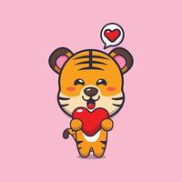 personnage de dessin animé mignon tigre tenant un coeur d'amour vecteur