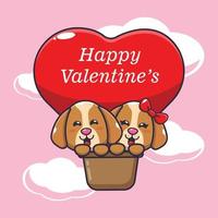 personnage de dessin animé de chien mignon voler avec ballon à air le jour de la saint valentin vecteur
