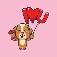 personnage de dessin animé de chien mignon tenant un ballon d'amour et des fleurs d'amour vecteur