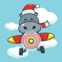 personnage de dessin animé mignon hippopotame portant bonnet de noel voler avec avion vecteur