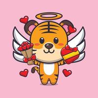 personnage de dessin animé mignon tigre cupidon tenant un cadeau d'amour et un bouquet d'amour vecteur