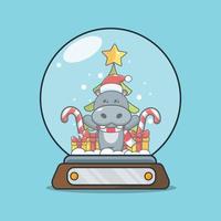 personnage de dessin animé mignon hippopotame dans une boule à neige vecteur