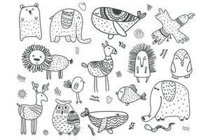 animaux et éléments pour enfants scandinaves. ensemble de vecteurs noir et blanc d'animaux de doodle de style scandi. vecteur