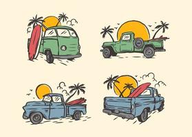 ensemble d'étiquettes de logo d'aventures de voiture de surf dessinées à la main vintage vecteur