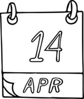 calendrier dessiné à la main dans un style doodle. 14 avril. rongali bihu, jour, date. icône, élément autocollant pour la conception. planification, vacances d'affaires vecteur