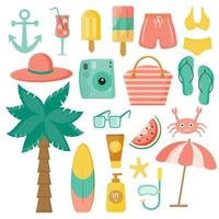 ensemble d'éléments d'été mignons avec des attributs de plage palmier, tongs, crème glacée, pastèque, planche de surf. collection de photos sur le thème de la mer, du repos, des vacances. vecteur