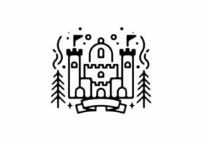 illustration de dessin au trait noir du château avec des pins vecteur