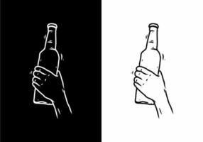 dessin au trait noir et blanc d'une main tenant une bouteille vecteur