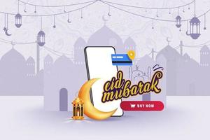 boutique en ligne de vente eid mubarak, salutations eid mubarak avec illustration vectorielle de modèle de smartphone vecteur