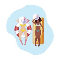 interracial filles avec maillot de bain et maître nageur flottent dans l&#39;eau vecteur