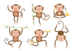Vecteur de dessin animé mignon petits singes situé dans des poses différentes - illustration vectorielle