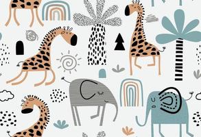 modèle sans couture coloré avec des éléphants et des girafes mignons. vecteur