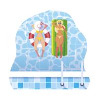 filles avec maillot de bain en maître nageur et matelas flotte dans l&#39;eau vecteur