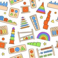 jouets en bois pour enfants pour jeux montessori. modèle sans couture de bébé dessiné à la main. jouets logiques pour les enfants d'âge préscolaire. système montessori pour le développement de la petite enfance. illustrations vectorielles sur fond blanc vecteur