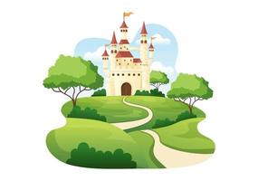 château avec une architecture de palais majestueuse et un conte de fées comme un paysage forestier en illustration de style plat de dessin animé vecteur